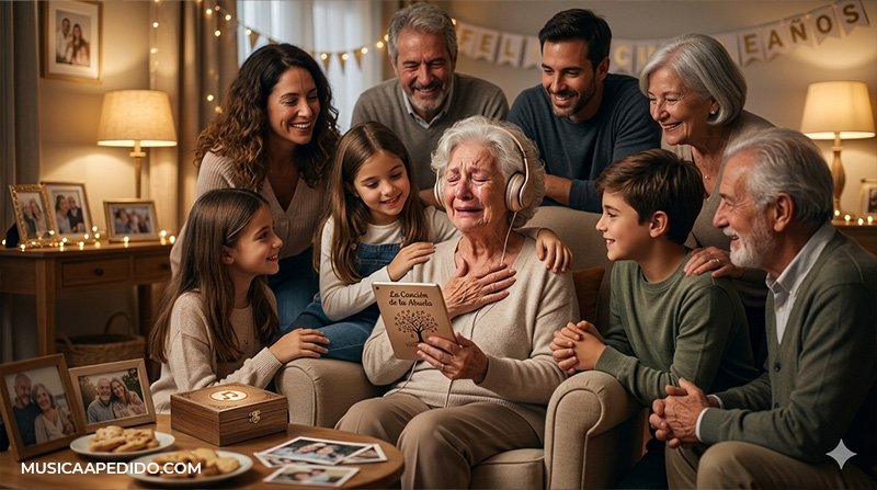 Anciana visiblemente emocionada escuchando una canción personalizada de regalo en una fiesta familiar rodeada de sus seres queridos