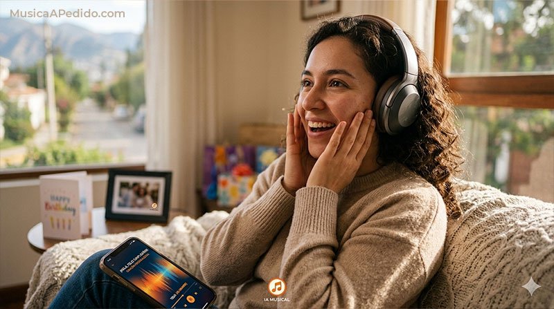 Mujer sorprendida y feliz escuchando una canción personalizada para su cumpleaños con auriculares