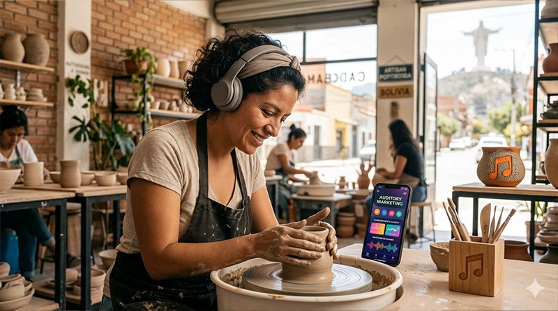 Persona escuchando contenido de marketing auditivo en auriculares mientras trabaja en su negocio