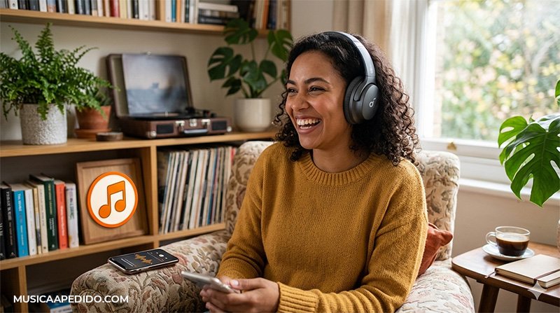 Mujer sonriendo mientras escucha un jingle publicitario pegadizo en sus auriculares