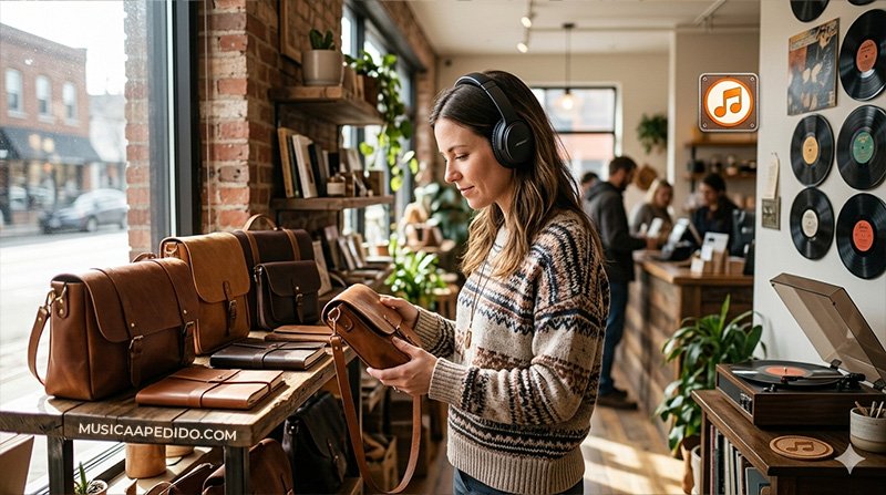 Cliente seleccionando un producto mientras escucha música ambiental en una tienda