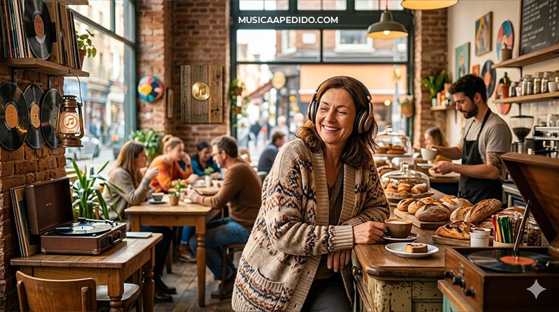 Persona sonriendo mientras escucha música en su negocio local