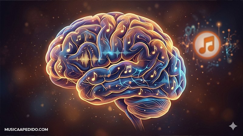 Ilustración del cerebro humano con notas musicales y conexiones neuronales brillando